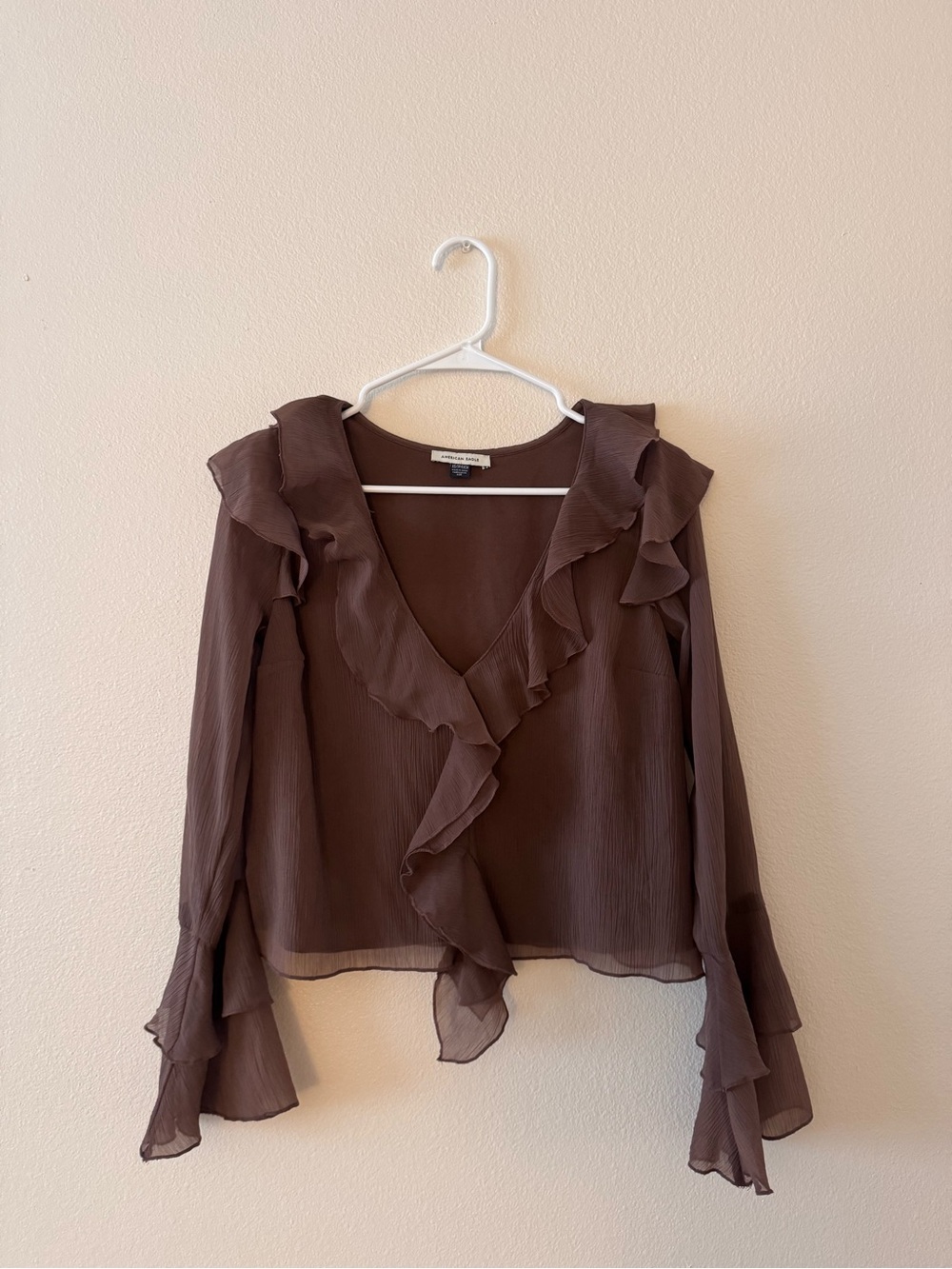 American Eagle Outfitters Brown Ruffle V-Neck Blouse